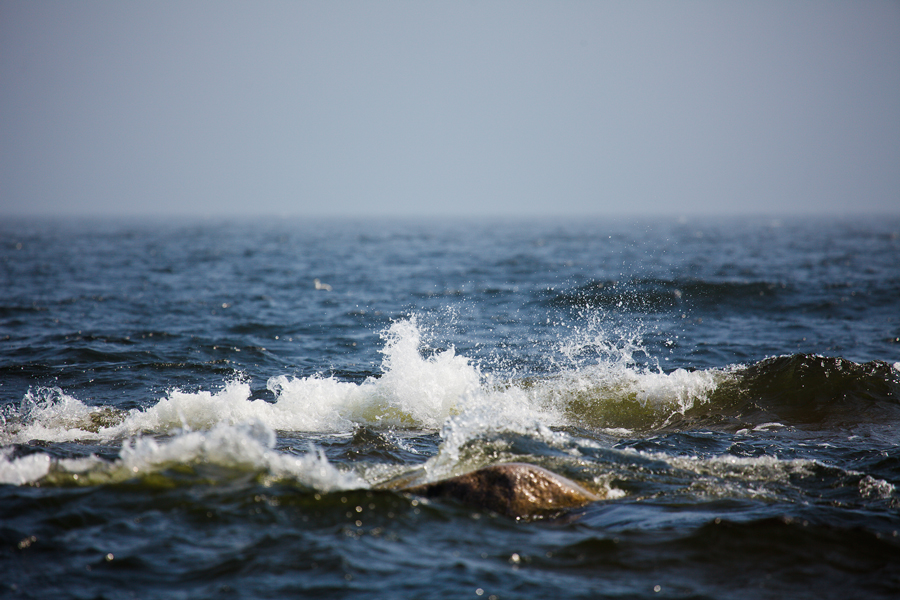 In the photo, sea waves hit the rocks.