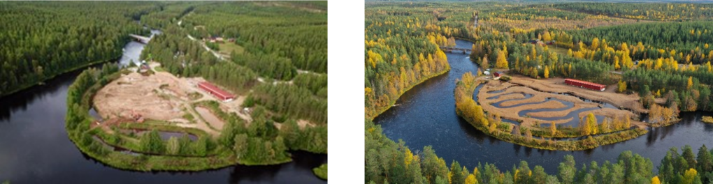 Kaksi valokuvaa, ennen ja jälkeen puron rakentamisen. Joki, metsää, kiemurteleva purouoma.