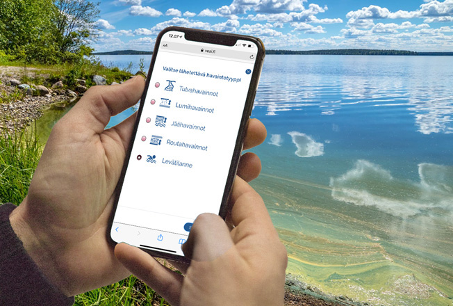 Henkilö jättää puhelimellaan oman havintonsa järven pahasta sinilevätilanteesta