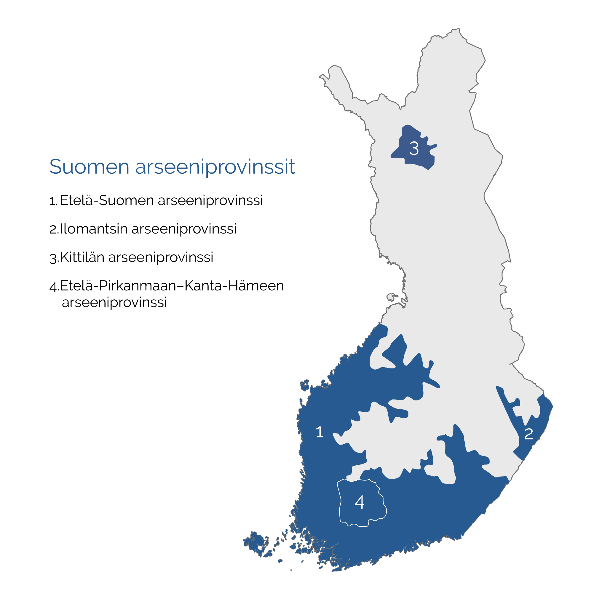 Kartta näyttää Suomen arseeniprovinssit.