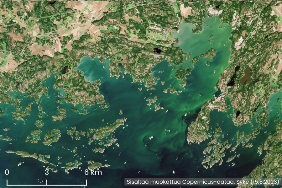 15.8.2023 otetuissa satelliittikuvissa sinilevä näkyy Upinniemen länsipuolella kirkkaanvihreänä.
