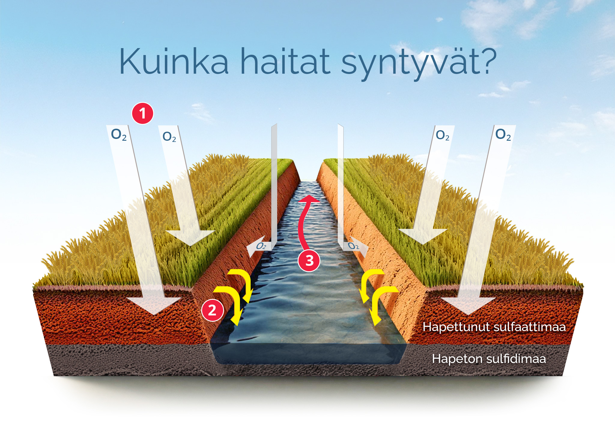 Hapen vaikutuksesta sulfaattimaahan syntyvät haitat.