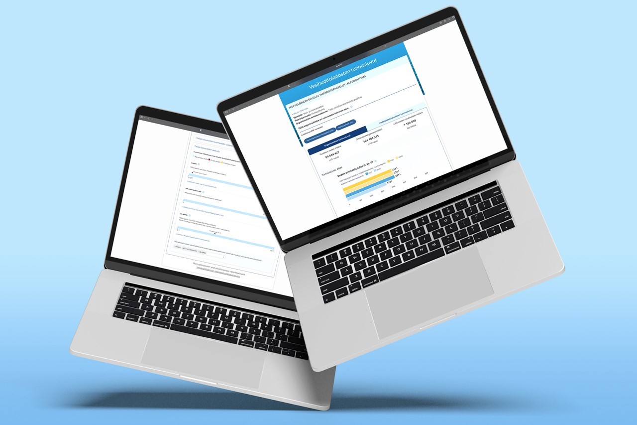 Tietokonenäytöt, joissa näkyvissä vesihuollon tunnuslukutietoja.