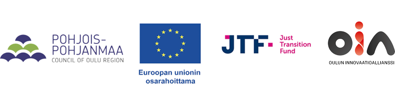 Pohjois-Pohjanmaan seurantaverkoston rahoittajien logot: Pohjois-Pohjanmaa, Euroopan unioni, Just Transition Finland ja Oulun innovaatioallianssi